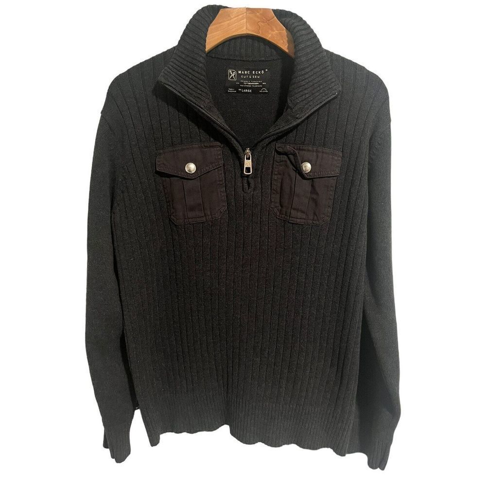 MARC Ecko Mens Gray Ribbed Quarter Zip Pull Over Sweater, Mens Size Large